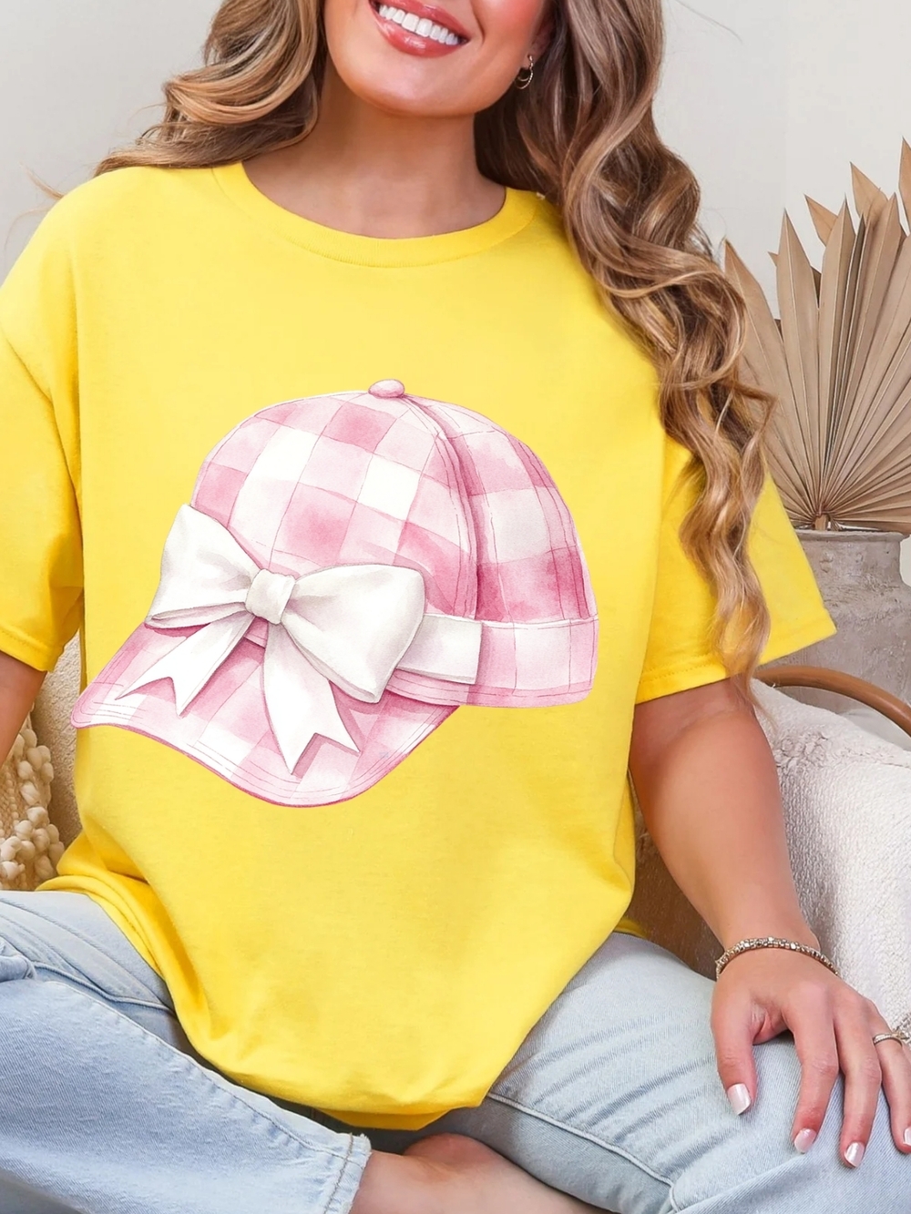 Gildan Yellow Short Sleeve Tee with Pink Plaid Hat Graphic